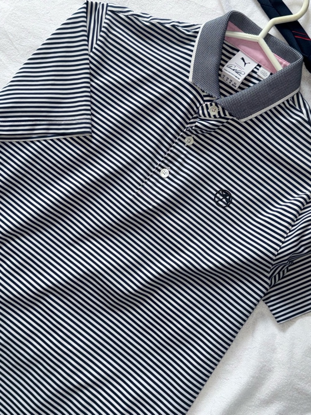 Puma Men’s Navy and White Striped Polo Shirt